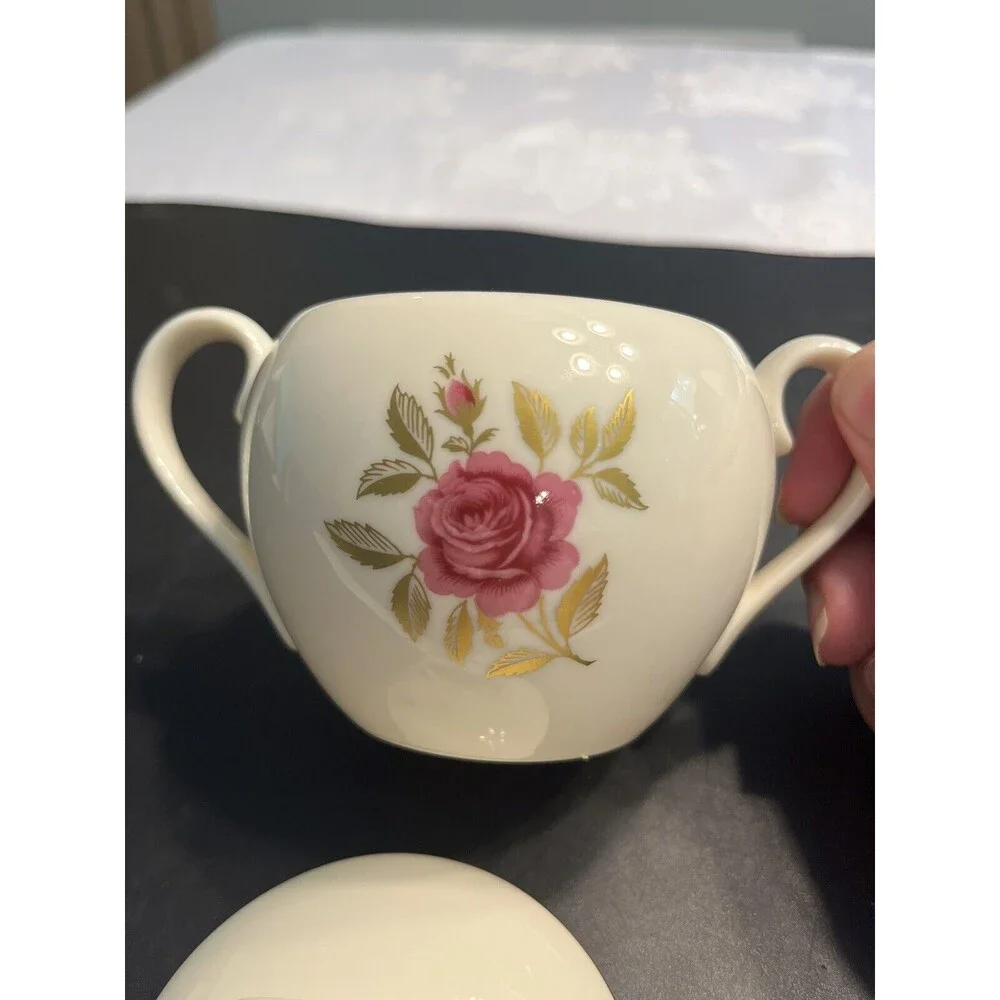 Vintage Lenox Roselyn Floral Pink Rose Gold Trim Creamer & Sugar Bowl w/ Lid